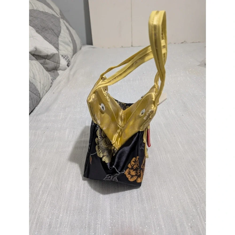Asian Silk‎ Brocade Handbag Gold Black Floral Tassel Hanbok Inspired Gift Purse